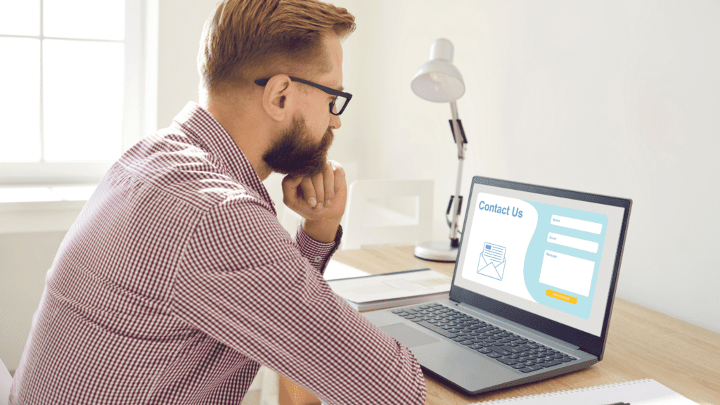 Man looking at a lead generation landing page